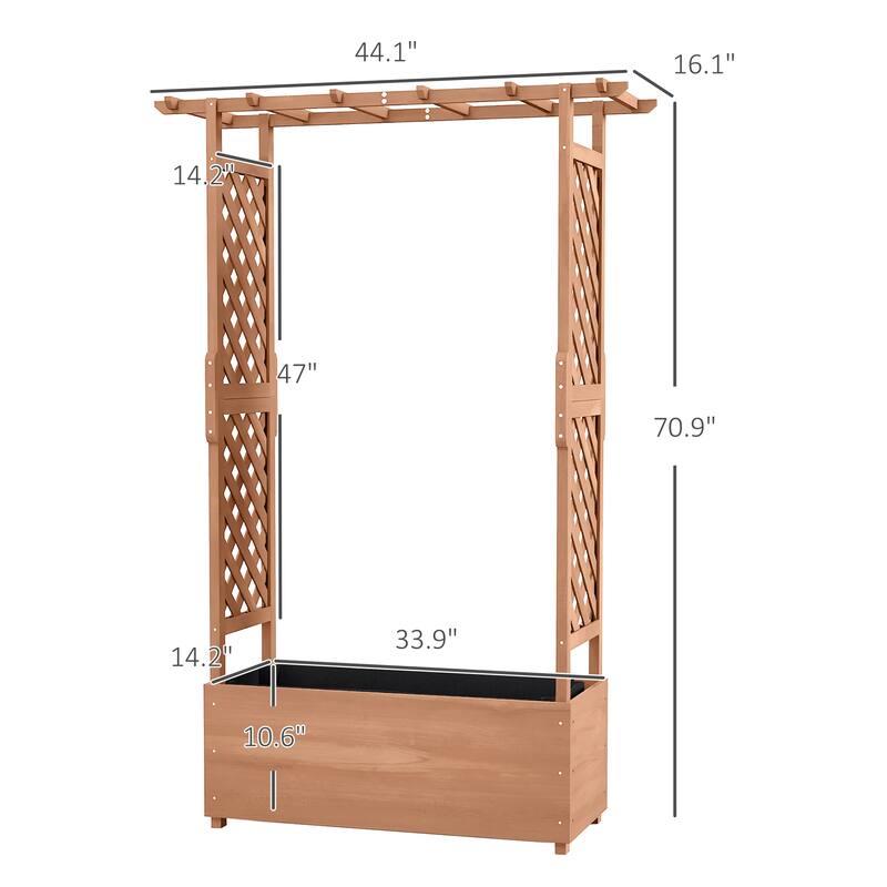Outdoor Wooden Raised Planter Box with Arch Trellis, Self-Draining