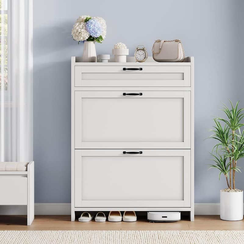 Freestanding Shoe Storage Cabinet Organizer with 2 Flip Drawers for Entryway Hallway Living Room - White