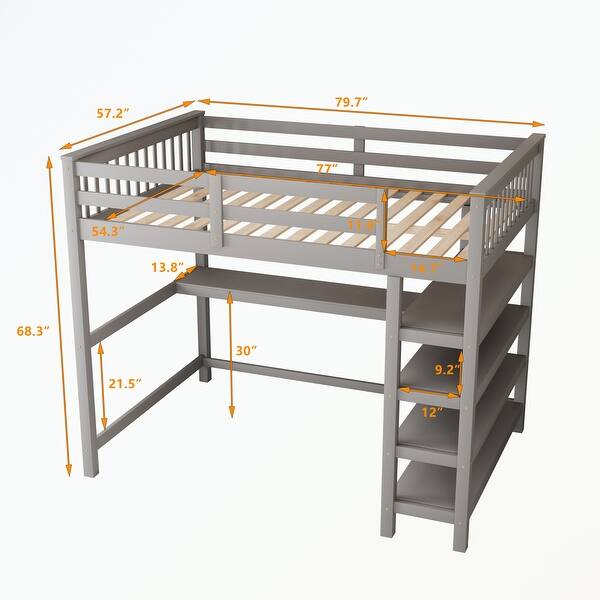 Full Size Loft Bed with Storage Shelves and Underbed Desk Bed Bath