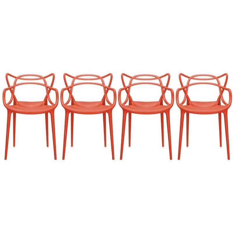 Set of 4 Modern Stackable Dining Chairs, Contemporary Plastic Patio Chair for Indoor Kitchen or Outdoor use, Green - Red