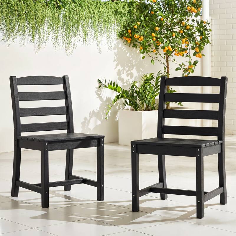 Set of 2 Outdoor Dining Chairs with Armrests, HDPE All Weather Patio Chairs, Waterproof UV Resistant Wood Grain Armchai - Black(noarmrest)