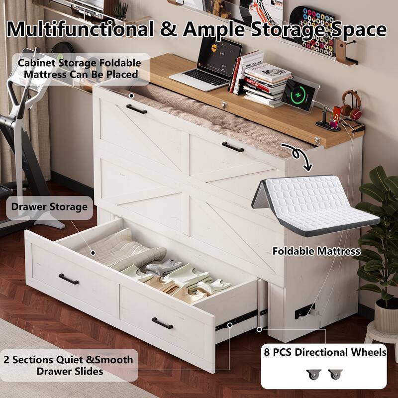 Murphy Bed with Storage&Charging Station/Queen Murphy Cabinet Bed with Large Drawer/Pull out Platform Bed/Mattress Not Included