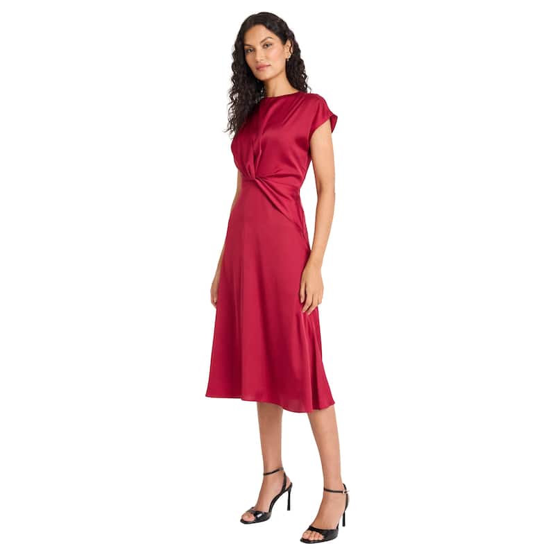 Women's Cap Sleeve A-Line Midi Dress - Elegant Cocktail Party Dresses - Tibetan Red - 12