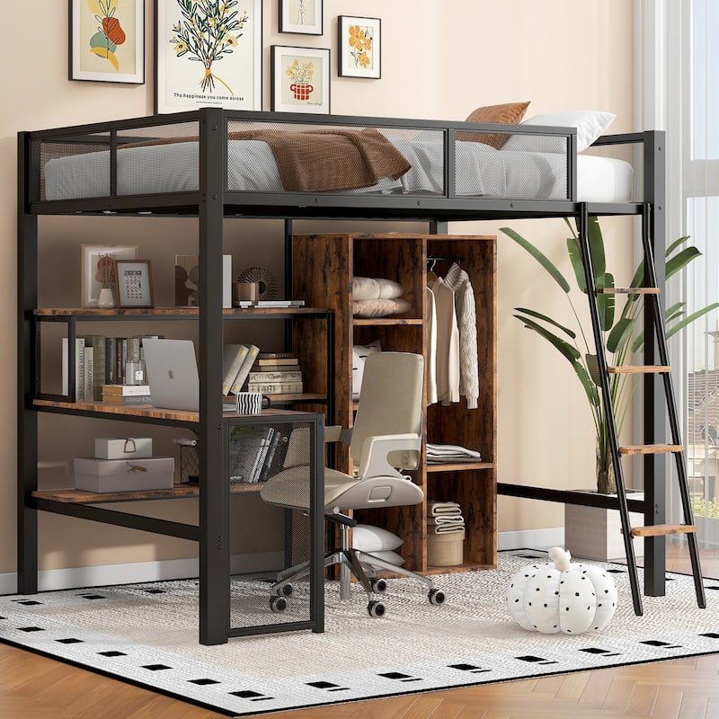 Full Size Metal Loft Bed with Built-in Workstation & Wardrobe (400lb Capacity) - Black
