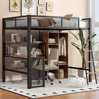 Full Size Metal Loft Bed with Built-in Workstation & Wardrobe (400lb Capacity)