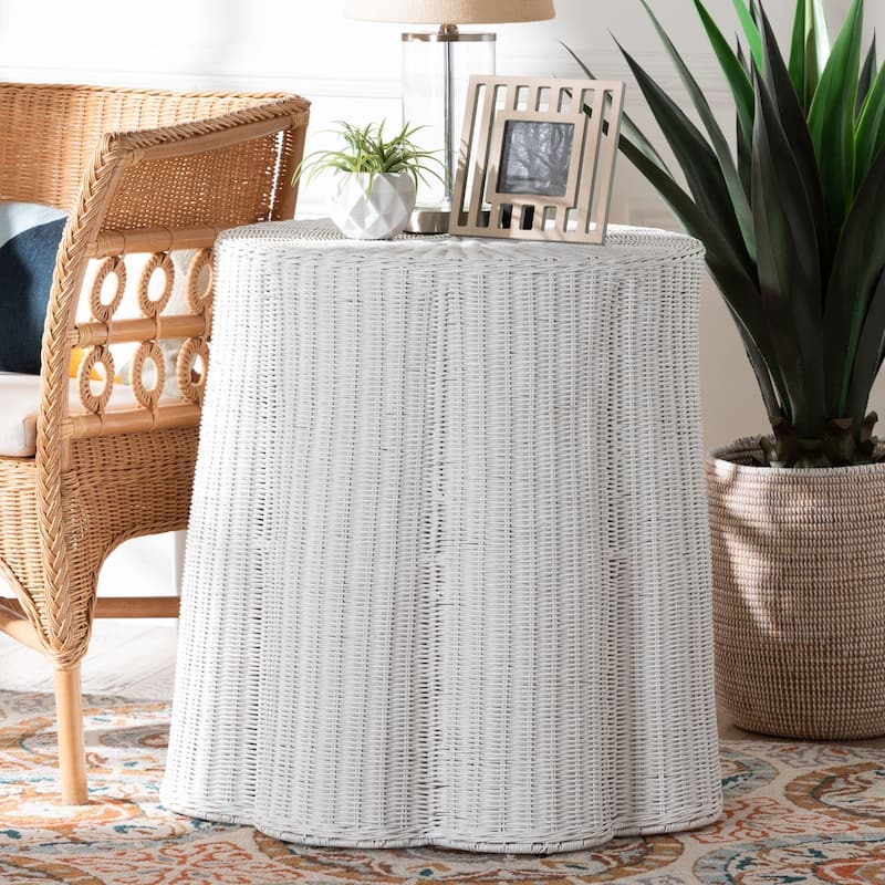 Palm Scallop Natural Rattan Console Table – Handwoven Wicker Round Accent Table for Living Room or Sunroom, Coastal Boho Style