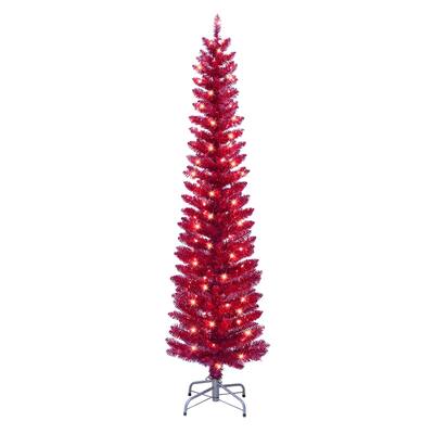 Puleo International 6 ft Pre-Lit Red Tinself Artificial Tree 250 Tips 100 Clear Lights