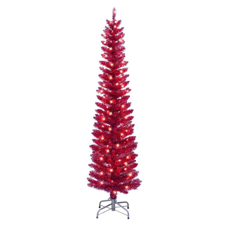 Puleo International 6 ft. Pre-Lit Red Tinsel Artificial Tree - Red