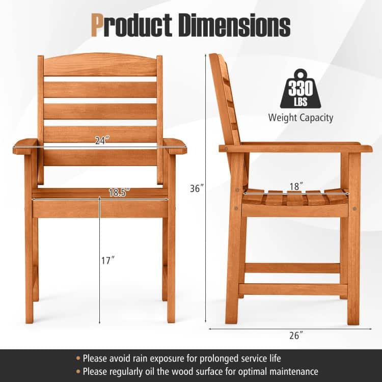 Natural Wood Patio Armchairs Set of 2 with Ergonomic Backrest and Slatted Seat - 26" x 24" x 36"