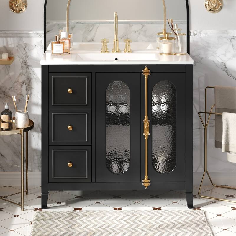 36-inch Bathroom Vanity with 2 Soft Close Doors, Solid Wood Frame Modern Bathroom Storage Cabinet with 3 Drawers - Black