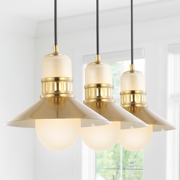 Eugenio 3 Light 35 Adjustable Iron Glass Retro Hurricane Triple Linear LED Pendant Brass Gold by Jonathan Y