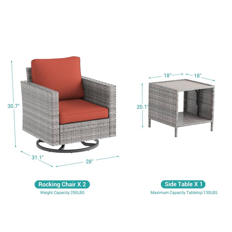 LIVOOSUN 3-Piece Patio Sofa Set Gray Rattan Swivel Rocking Chair Side Table