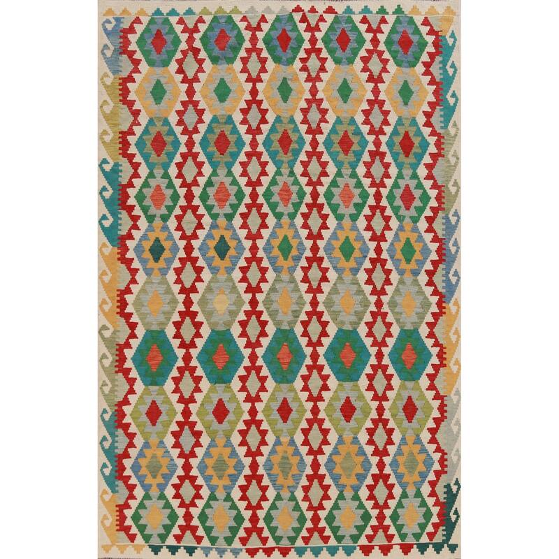 Hand Woven Oriental 100% Wool Carpet Southwestern Geometric Multi-Colored Kilim Area Rug - 8' 7'' X 6' 0''