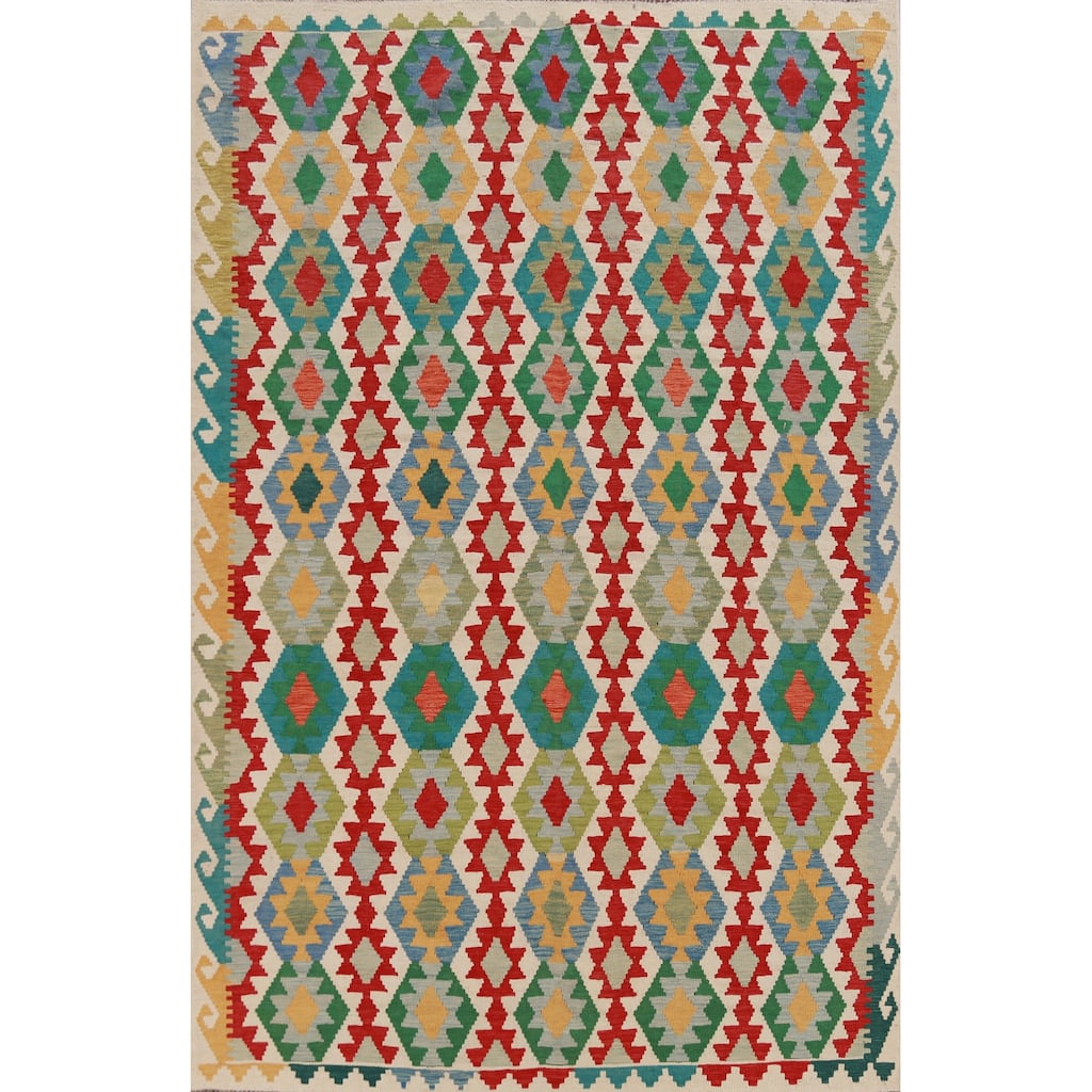 Hand Woven Oriental 100% Wool Carpet Southwestern Geometric Multi-Colored Kilim Area Rug - 8' 7'' X 6' 0''