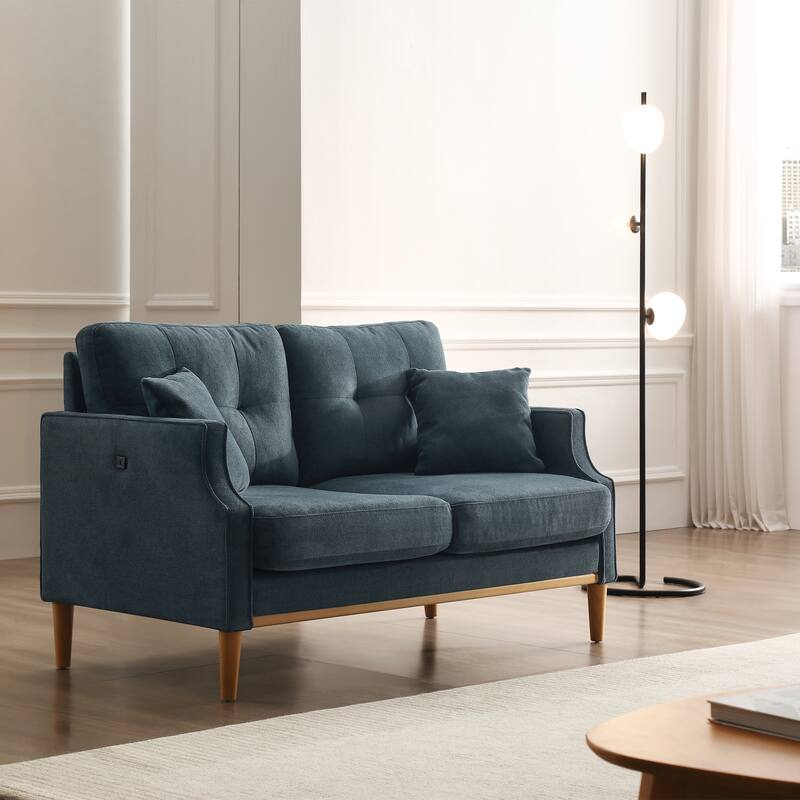 2 Seater Loveseat Sofa in Dark Blue Fabric, 57x32x35 inches, USB Charge Port, Waterproof