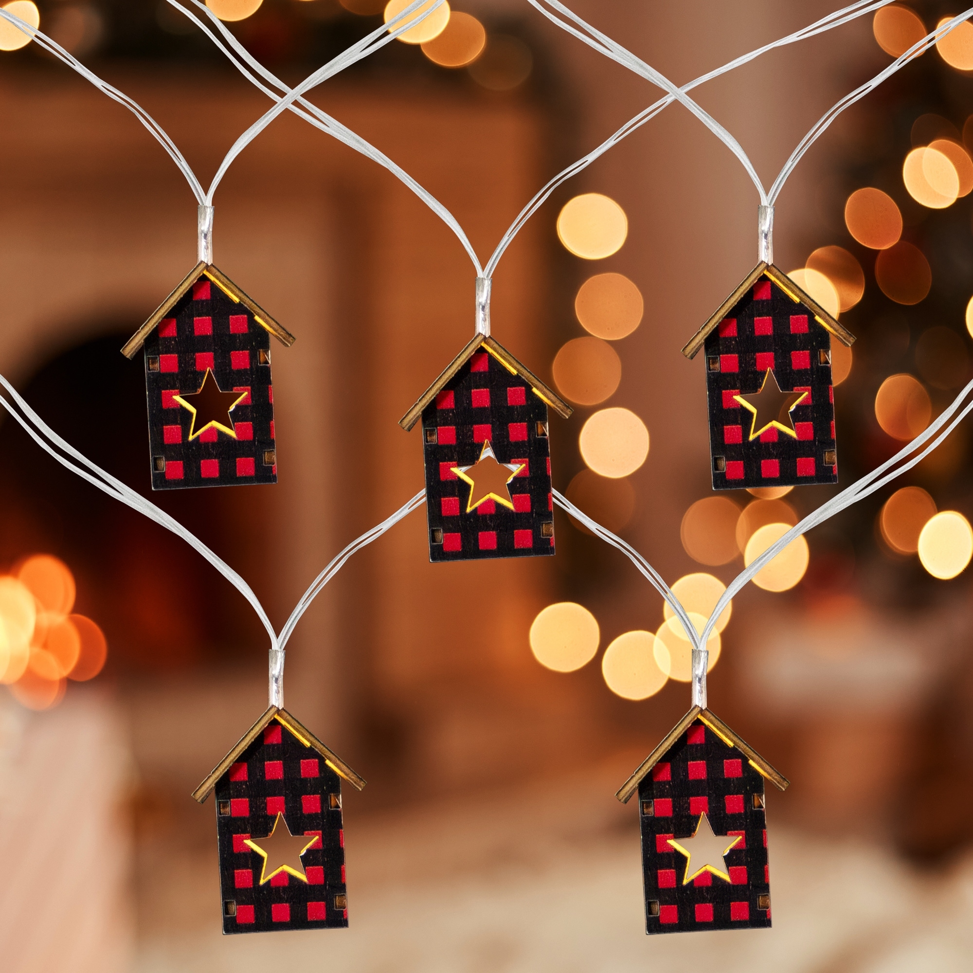 10 Count B/O LED Warm White Plaid House Christmas Lights - 4.75' Clear Wire