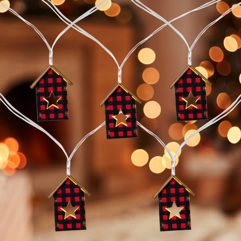 10 Count B/O LED white Plaid House Christmas Lights 4.75' Clear Wire