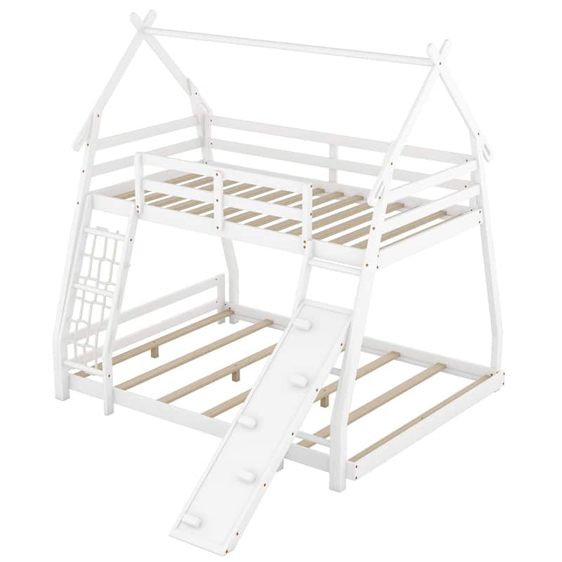 Kids Twin Over Queen Bunk Bed with Climbing Nets, Playhouse Design, and Ramp