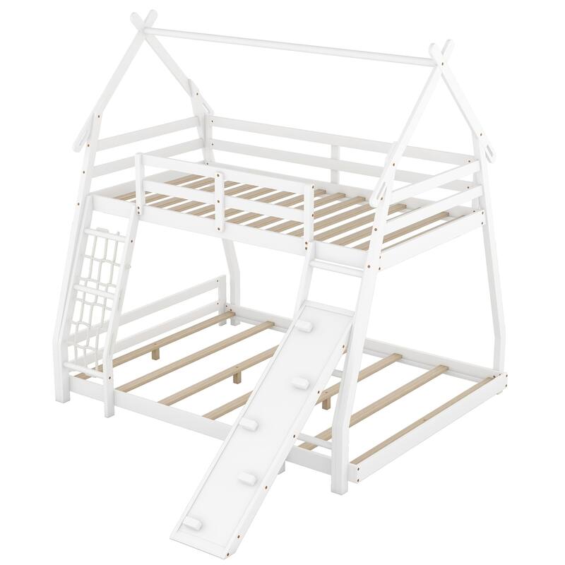 Twin Over Queen Bunk Bed Frame with Climbing Nets and Climbing Ramp