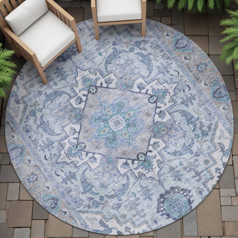 Machine Washable Indoor/Outdoor Traditional Vintage Chantille Rug - Blue - 8' x 8'