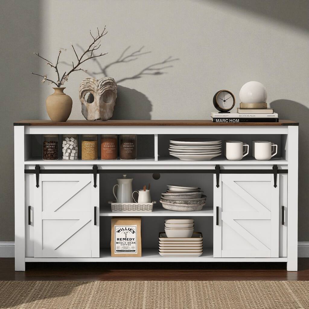59.3" Farmhouse Sideboard with Sliding Barn Doors & Mesh Panels, Buffet Cabinet with Open Storage for Kitchen or Living Room