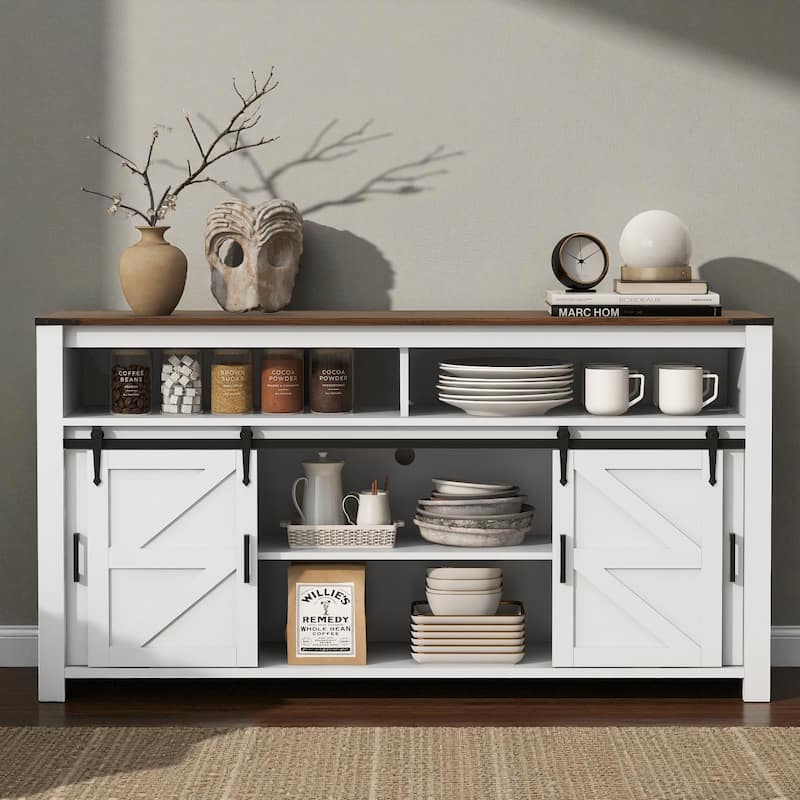 59.3" Farmhouse Sideboard with Sliding Barn Doors & Mesh Panels, Buffet Cabinet with Open Storage for Kitchen or Living Room - Brown White