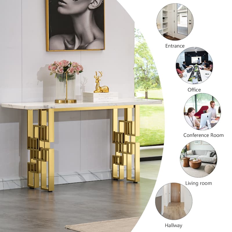Modern Console Table 55 inch Sofa Table with High Gloss Top and Mirrored Metal Base for Entryway Living Room