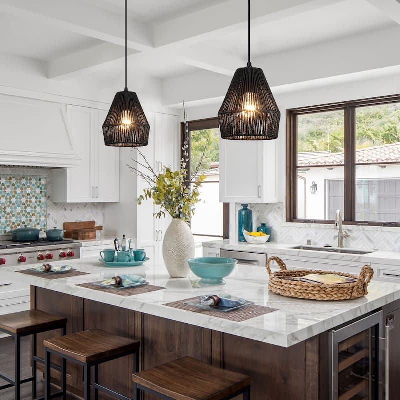 Boho Coastal 1-Light Hand-Woven Rattan Pendant Light for Kitchen Island Hallway (Set Of 2) - 7.28 in