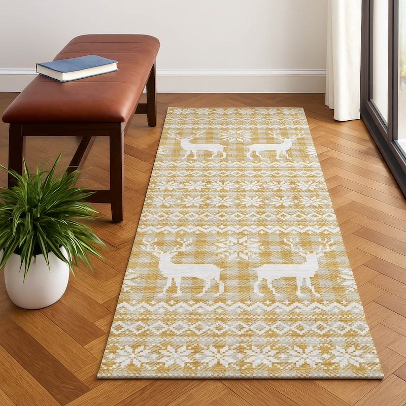 Premium Washable Super Soft Christmas Reindeer Mayfield Rug - Gold - 2'3" x 7'6"