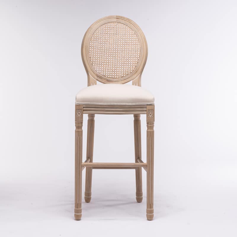 French Country Wooden Barstools Rattan Back With Upholstered Seating , Dark Grey，Set of 2