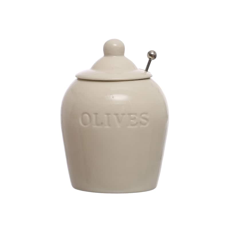 Debossed Stoneware Jar with Stainless Steel Slotted Spoon Olives - 4.0"L x 4.0"W x 5.8"H - 4.0"L x 4.0"W x 5.8"H - White