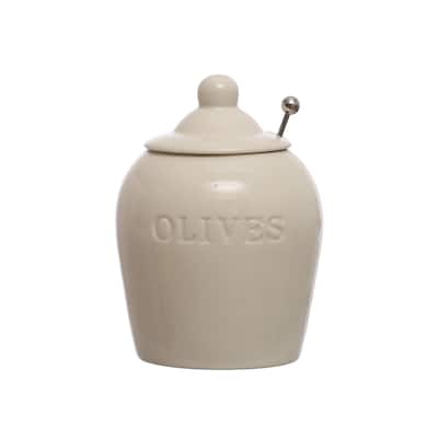 Debossed Stoneware Jar with Stainless Steel Slotted Spoon Olives - 4.0"L x 4.0"W x 5.8"H - 4.0"L x 4.0"W x 5.8"H