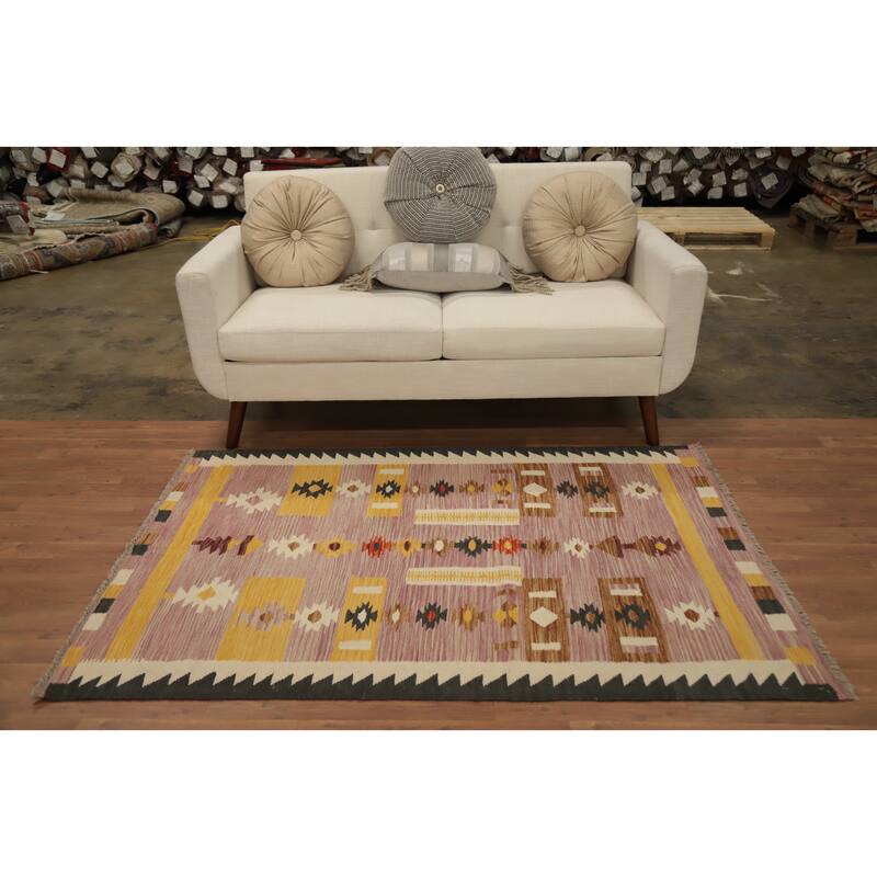 Hand Woven Oriental 100% Wool Carpet Southwestern Tribal Pink Kilim Area Rug - 5' 7'' X 3' 11''