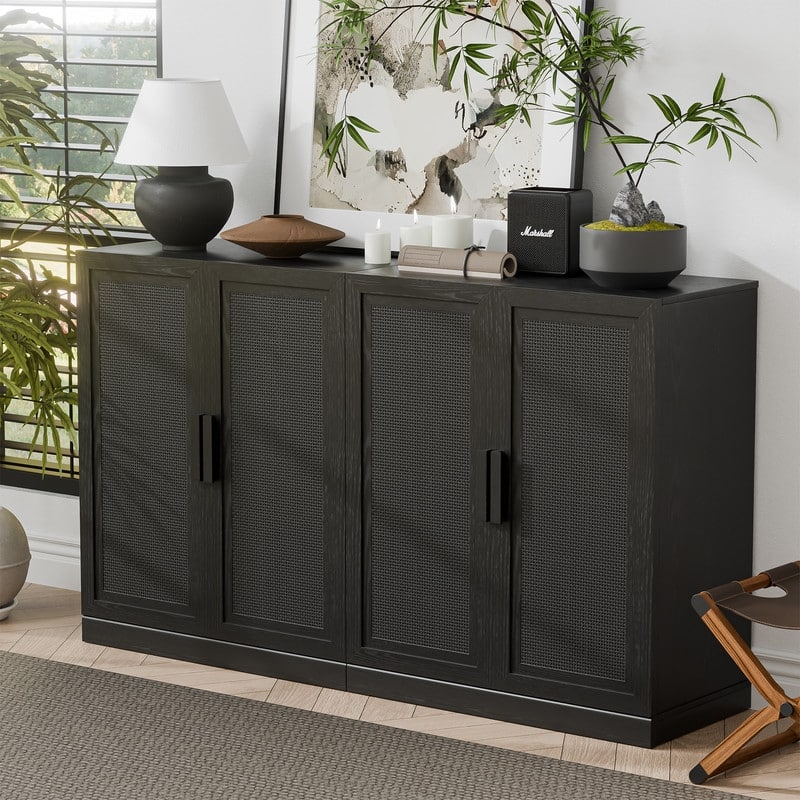 Modern Sideboard Cabinet with 4-Doors Rattan Panels Buffet Console Accent Storage Cabinet for Hallway Entryway Dining Room