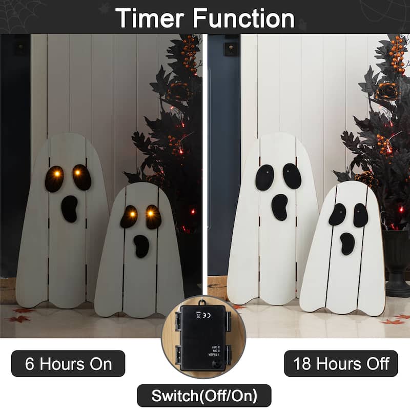 Glitzhome S/2 24"H & 17.75"H Halloween Lighted Wood Ghost Porch Decor