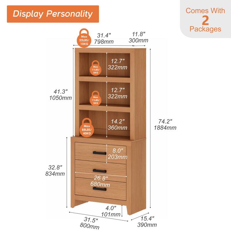 3-Tier Bookshelf with 3 Large Drawers, 74" Tall Farmhouse Bookcase with Wide Metal Handles, for Living Room, Office, Library