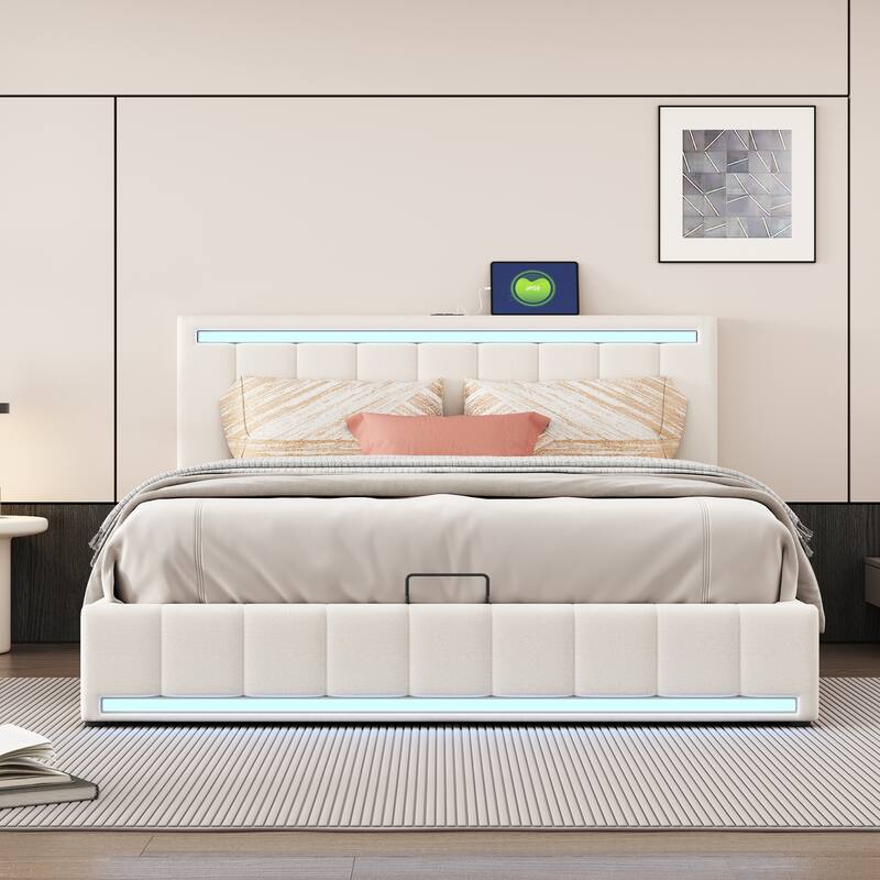 Platform Bed with Hydraulic Storage, LED Light, USB Ports and Linen