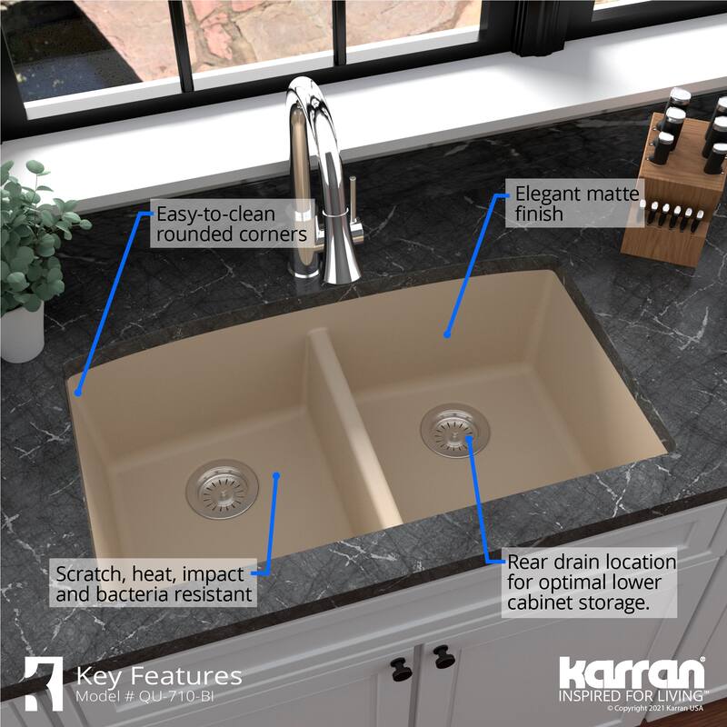 Karran Undermount Quartz 32 in. 50/50 Double Bowl Kitchen Sink Kit