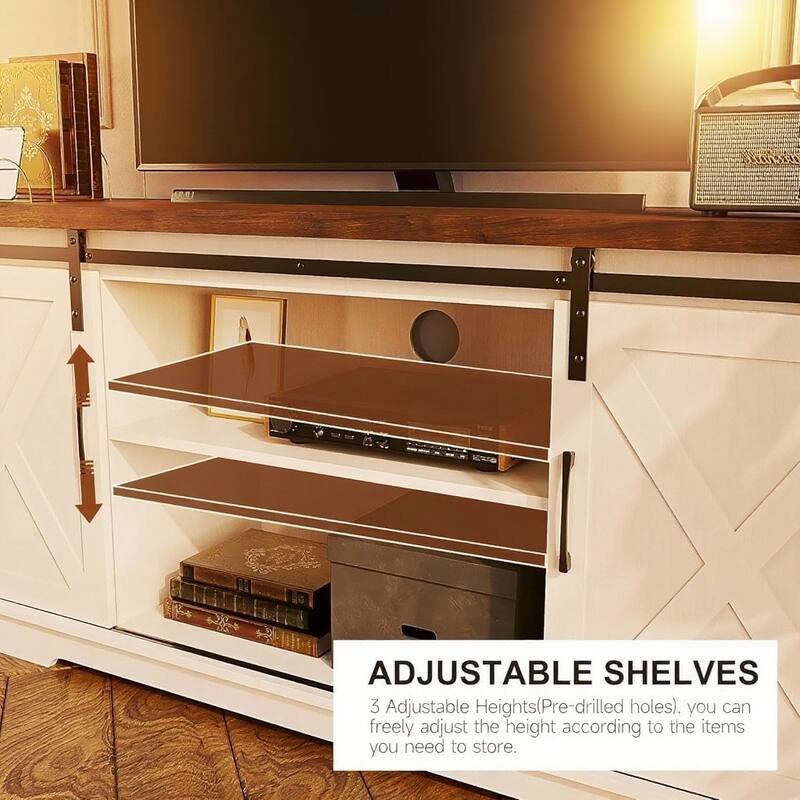Farmhouse TV Stand for 65 Inch TVs, with Sliding Barn Doors