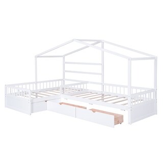 Twin Size House Platform Bed with 3 Storage Drawers, Wooden Daybed for 2, L -Shaped Double Bedframe with Roof & Fence