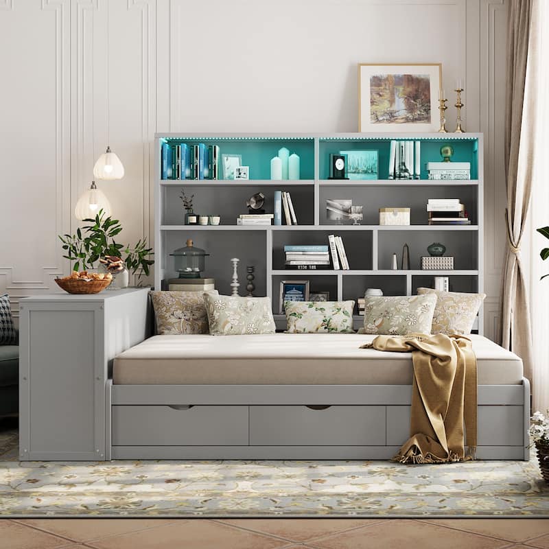 Modern Full Size Wooden Daybed with Built-In Desk, 3 Storage Drawers & Open Compartment Shelving by Harper&Bright Designs - Grey