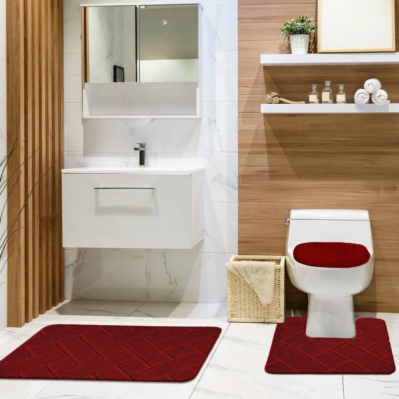 Baxter 3 PC Bathroom Rug Set, Modern Brick Design Soft Bath, Contour Rug & Lid Cover