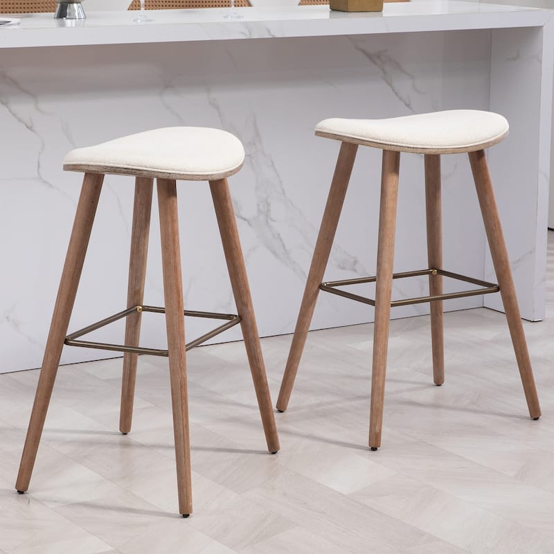 Set of 2 Beatriz Beige Woven Fabric Bar Stool with Wood Legs