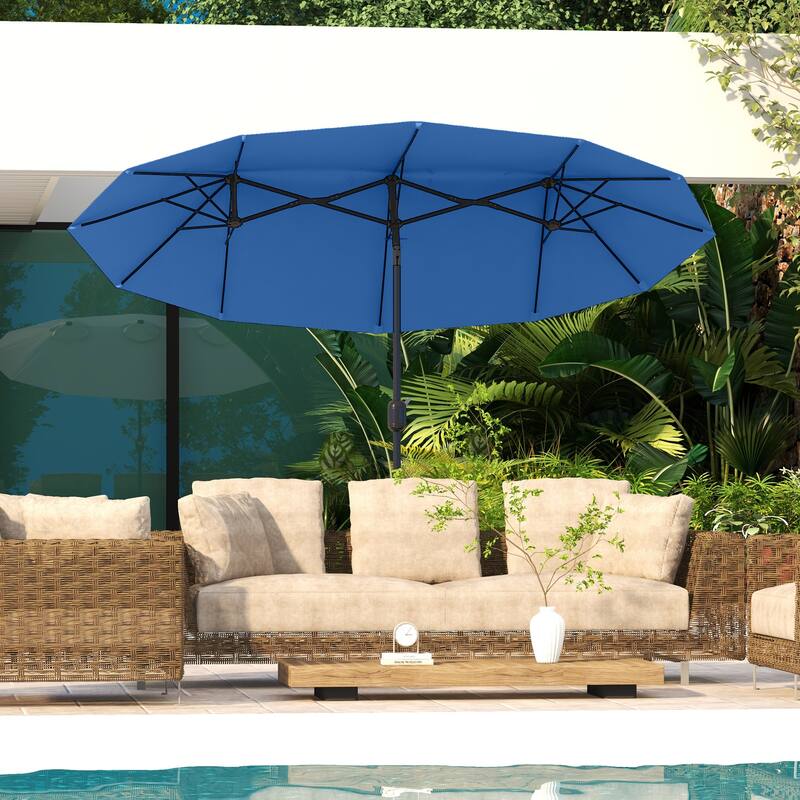 Outsunny Double-sided Patio Umbrella 9.5' Large Outdoor Market Umbrella with Push Button Tilt and Crank, 3 Air Vents and 12 Ribs