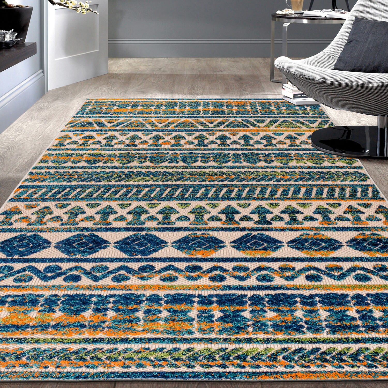 World Rug Gallery Modern Stripes Faded Geometric Indoor/Outdoor