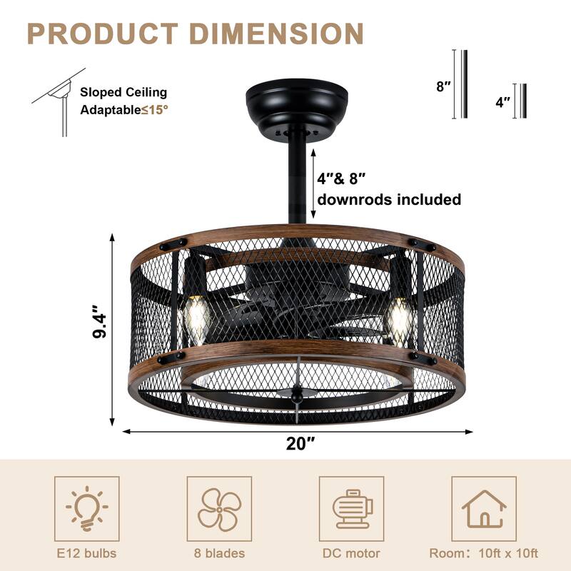 Bella Depot 19" Industrial Metal Cage Ceiling Fan with Light and Remote - 18.9"