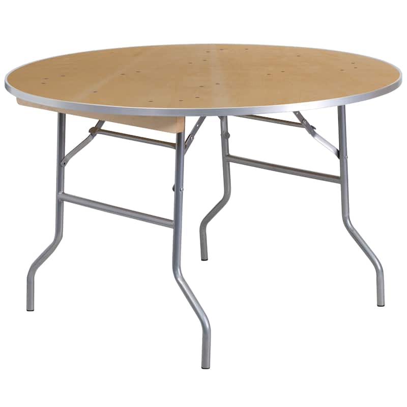 48-inch Round Heavy Duty Birchwood Folding Banquet Table with Metal Edges - 48"W x 48"D x 30"H - Natural