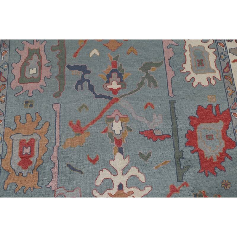 Floral Blue Oushak Oriental Area Rug Hand-Knotted Wool Carpet - 9'3" x 12'0"