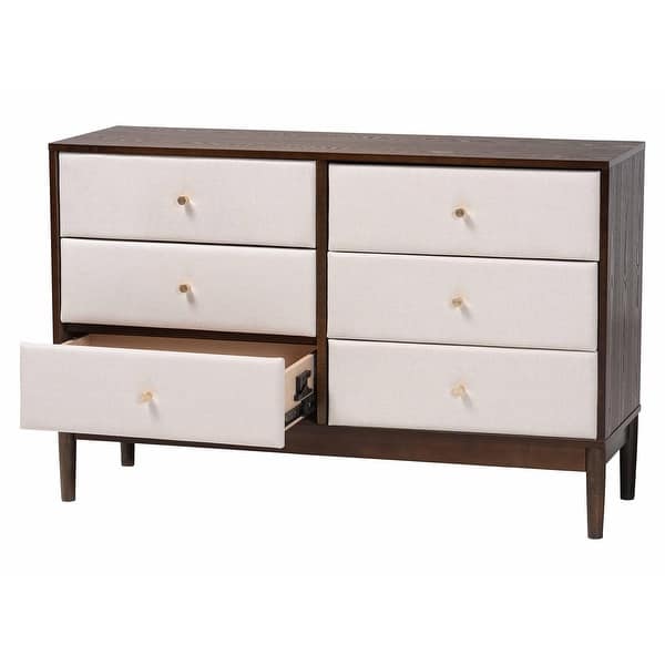 Nikolai Mid-Century Beige Fabric and Wenge Brown Wood 6-Drawer Dresser - Beige/Wenge Brown