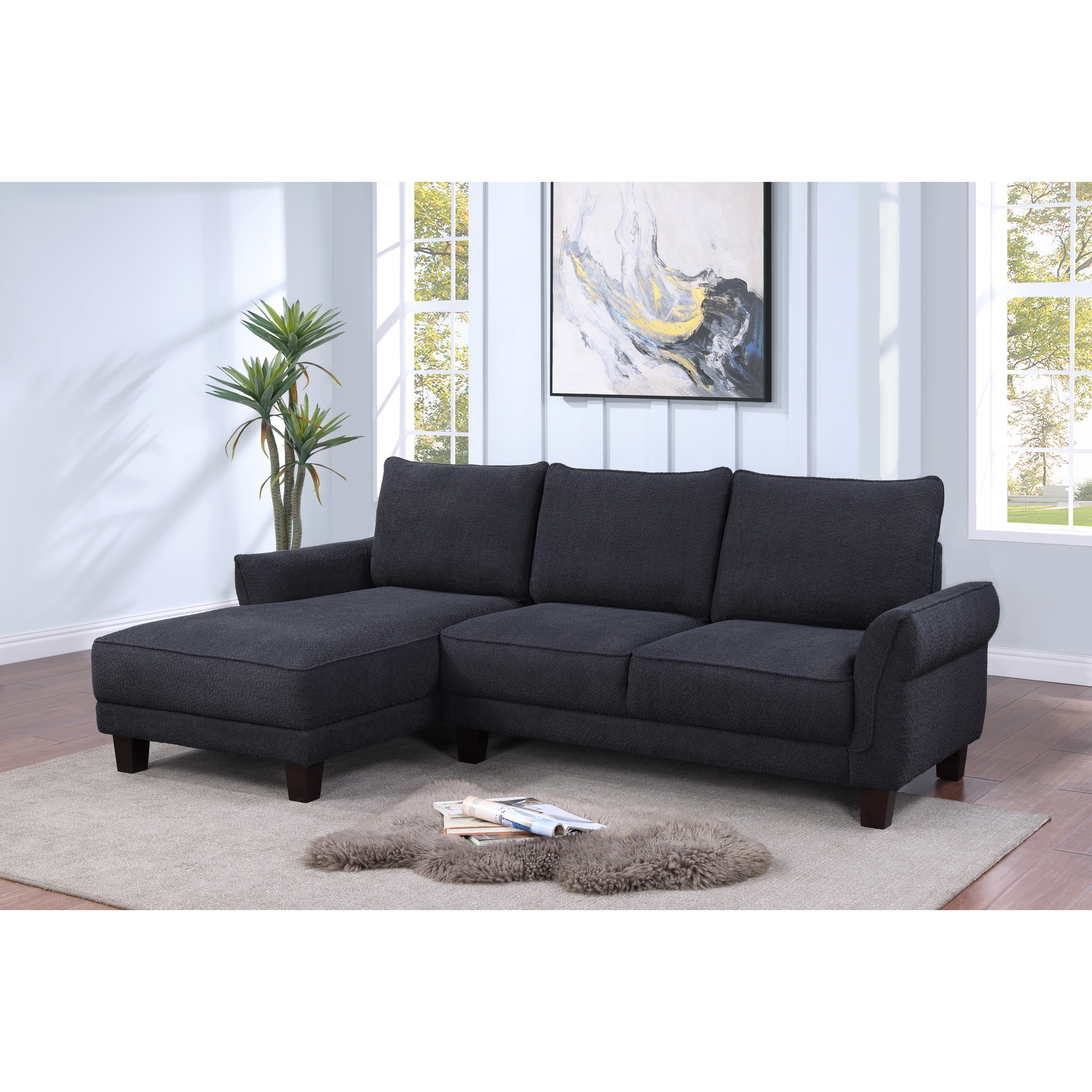 96 Inch Black Sherpa Sectional Sofa with Left Facing Chaise Bed Bath Beyond 40883279
